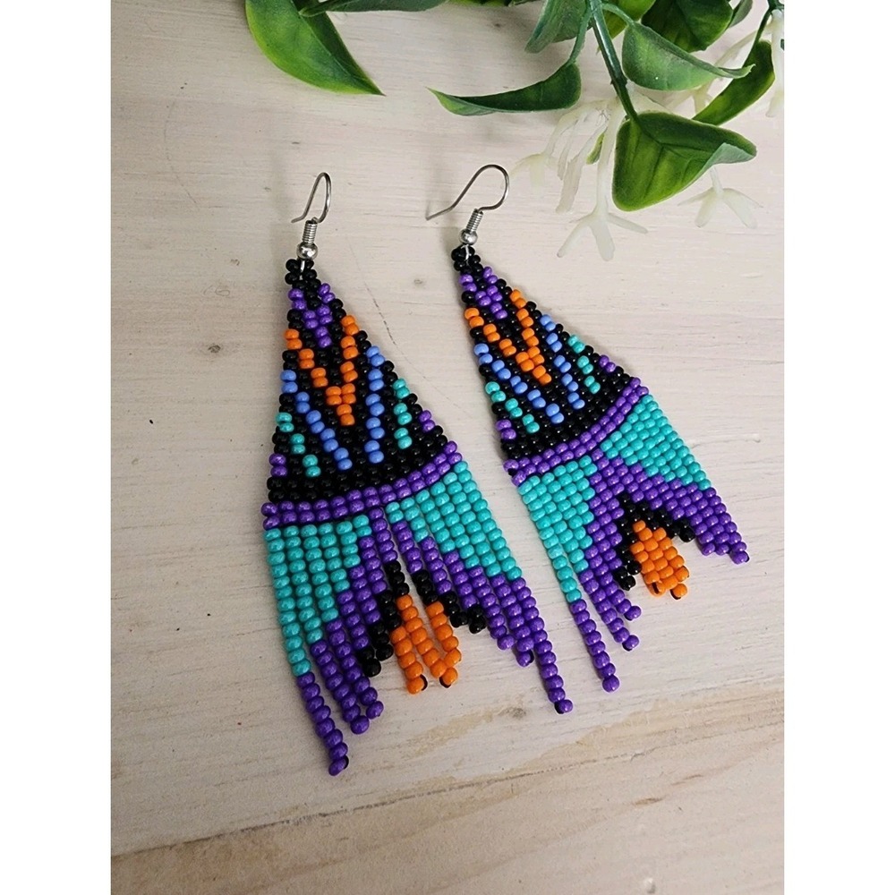 Handmade Seed Bead Fringe Earrings Boho Tribal Geometric Dangle Purple Teal New - Picture 5 of 5